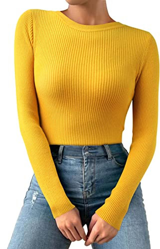 UIILO Thermo Oberteil für Damen Rundhals Strickpullover Gerippte Tshirts Unterhemd Basic Einfarbig Langarmshirt Enger Gestrickt Pullover Langarm Thermounterwäsche Winter Warme Top(Gelb)