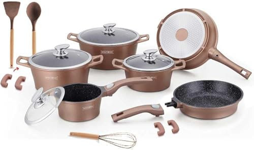 Batteria Pentole e Padelle 17 Pz in Alluminio pressofuso Antiaderente Rivestimento In Marmo ideale per Piano Induzione o Gas, Coperchi in Vetro e Utensili Inclusi Royalty RL-ES2014M (Rame)