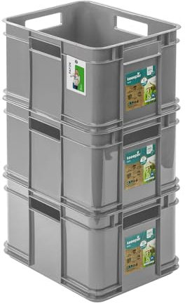 PAFEN 3x Euro Stapelbox 16l - 35 x 27 x 21 cm – Eco Aufbewahrungsbehälter Euro-box Stapelkasten Transport Eurobehälter aus PP, Stone Grey