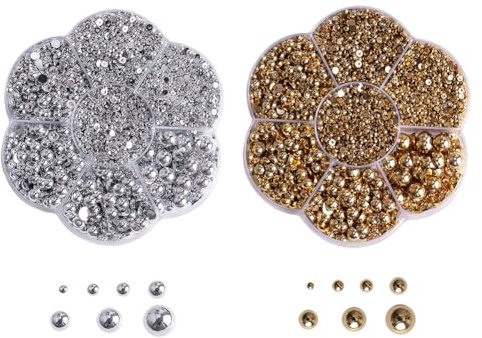 JIHUOO 4600 Pcs Flatback Pearls Gems Half Round Plastic Beads Mixed Size Nail Art Pearls Nail Resin Rhinestones Flat Back Beads for Shoes Phone Decoration Golden Silver