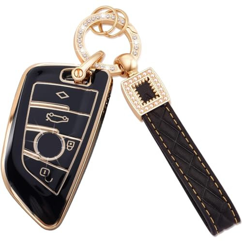 Misuyue bmw Schlüsselhülle, Autoschlüssel Hülle für bmw X1 X2 X3 X5 X6 BMW 1 2 3 5 6 7 Series X1 X2 X3 X5 X6, 4 Tasten TPU bmw Key Cover + Lederanhänger Schlüsselanhänger (schwarz)