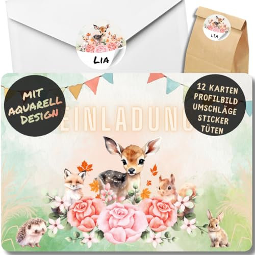 celebr8te 12x Waldtier Einladungskarten - Für den Kindergeburtstag von Mädchen - Tiere aus dem Wald Geburtstagseinladungen +12 Umschläge +24 Sticker +12 Geschenktüten
