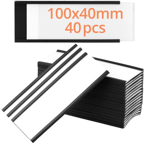 QWORK® 40 Stück Magnetetiketten 40mm x 100mm, Magnetschilder Namensschilder zum Beschriften, mit Papiereinlage Schutzfolie, für Metallregal Schließfach Whiteboard