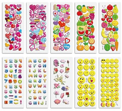 colortouch 3D Aufkleber Sticker Flower Set, 12 Blatt 3D Geschwollene Stickers für Kinder, Kinderaufkleber - Bullet Journal, Stickeralbum, Scrapbook Erwachsene ink Zahlen, Buchstaben, Emoji