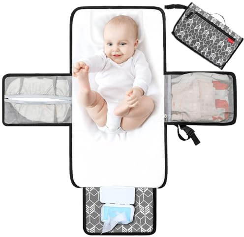 Lekebaby Tragbare Wickelunterlage Unterwegs, Baby Wickelunterlage Waschbar mit 3 Fächern, Wasserdichte faltbare Windeltasche mit Tuchspender und bequemes Kopfkissen, Grau