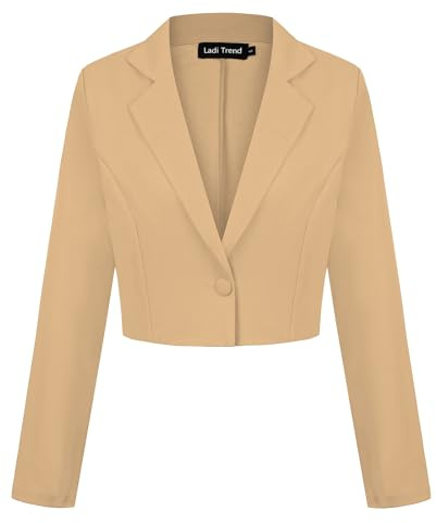 LADI TREND Cropped Womens Blazer Notched Lapel Classic Suit Jacket Coat Outerwear Long Sleeve (Khaki XXL)