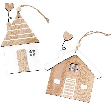 Mopec NW40 Confezione di 2 ciondoli in legno casa cuore marrone. 10 x 15,8 x 0,4 cm