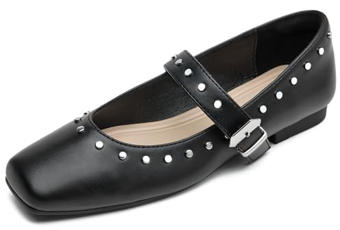 WONDERWAY Women Mary Jane Shoes, Studded Flats, Slip On Ankle Strap Dress Flat Shoes