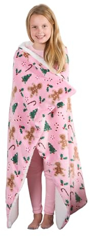 OHS Christmas Blanket Gingerbread Man Hooded Wearable Blanket Super Soft Warm Winter Sherpa Fleece Blankets Oversized Christmas Throw Hooded Blankets for Kids, Blush Pink - 100 x 125cm