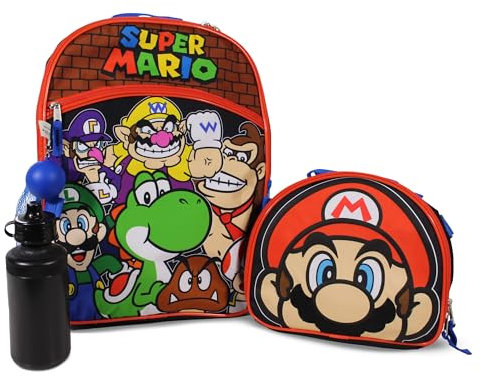 AI ACCESSORY INNOVATIONS 4-teiliges Kinderrucksack-Set, Superhelden-Schultasche mit Reißverschlussfach vorne, 40,6 cm, Super Mario, 16 inches