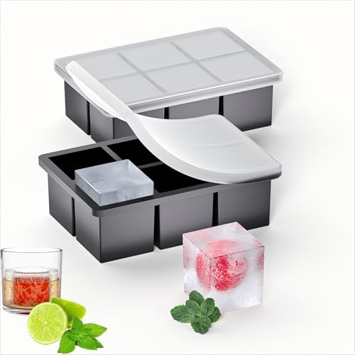 Lifhety 2 Pack Extra Large Ice Cube Moulds, Silicone Ice Cube Trays with Lid, Giant Ice Cube Tray for Freezer, Makes 12 Square Ice Cubes for Whiskey, Cocktails, Drinks, Easy Release, BPA Free