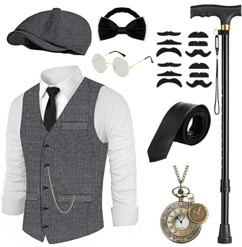 WILDPARTY 20er Jahre Kostüm Herren Weste mit Accessories, Faltbare Krücke Taschenuhr Bart Barett Gläser, Krawatte, Fliege, für Mafia Kostüm 1920S Gangster Peaky Blinders Karneval Halloween Mottoparty