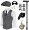 WILDPARTY 20er Jahre Kostüm Herren Weste mit Accessories, Faltbare Krücke Taschenuhr Bart Barett Gläser, Krawatte, Fliege, für Mafia Kostüm 1920S Gangster Peaky Blinders Karneval Halloween Mottoparty