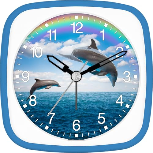 27156-08-Eurotime Kinder Quarzwecker mit schleichender Sekunde, Zifferblatt Motiv Delphine, Kunststoffgehäuse Weiss/blau und Kunststoffabdeckung, Weckwiederholung, Licht/Snooze