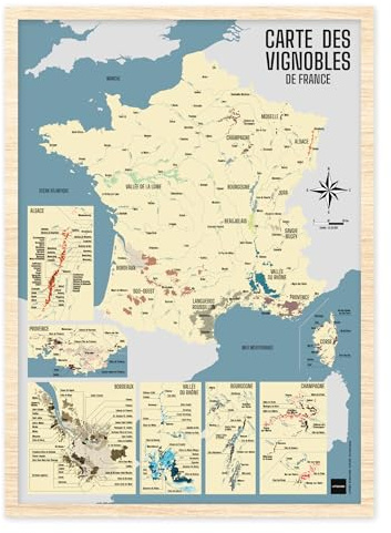 UTTSCHEID Poster Französische Weinberge 2025 | Weinregionen im Vintage Stil | Großes Format | Wandposter Deko | Nicht gefaltet Vintage A2 (42 x 59,4 cm) mit Rahmen