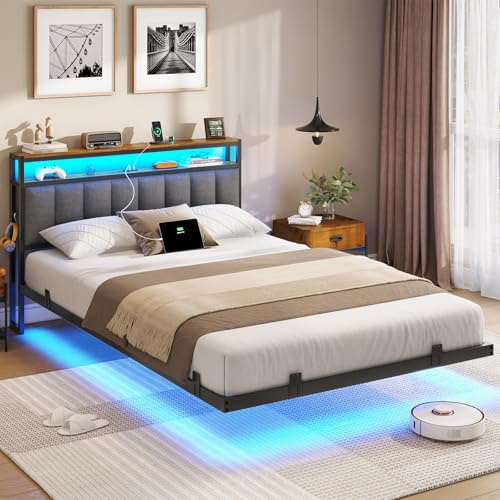 AOGLLATI Cadre de Lit 140x190 avec Multiprise et Éclairage LED, Lit 2 Personnes Flottant avec Tête de Lit Rangement, Sommier en Métal, Structure Stable, Lin Gris Foncé(sans Matelas)