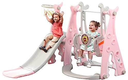 Rutsche Indoor ab 1 2 3 4 5 Jahr, 4-in-1-Kleinkindspielplatz mit Schaukel, Baby Rutsche Kinderzimmer, Gartenrutsche für Kleinkin für drinnen und draußen, Jungen und Mädchen (Hai+Rosa)