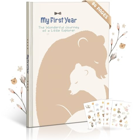 Mein Erstes Jahr Babyalbum – 84 Seiten Hardcover, Boho Design, pädagogisch gestaltet, Erinnerungsbuch für Fotos & Meilensteine – Geschenk zur Geburt & Taufe, Bärenmotiv für Jungen