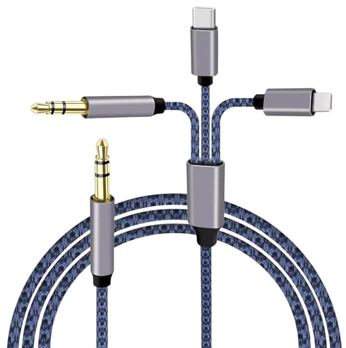 Aux Cable for iPhone in Car, 3 in 1 Aux to USB C Light-ning Cable Braided 3.5mm to 3.5mm Jack Audio Aux Adapter Auxiliary Cord for Car Headphone Speaker Stereo Compatible with iPhone/Samsung/Huawei