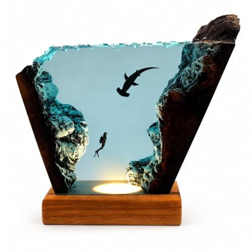 Drawelry 3D Meer Wal Hai Harz Nachtlichter Unterwasser Ornamente (E5) | Holzsockel, USB-Kabel, Ozean Szene, Epoxidharz Lampe,Heim Büro Deko,Weihnachten Geburtstag Geschenke