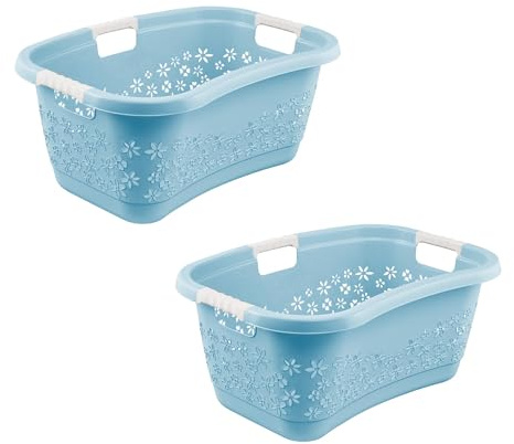 keeeper lasse 2x Ergonomischer Wäschekorb mit luftdurchlässigem Dekor, Anti-Rutsch-Softgriffe, 50 l, Nordic Blue