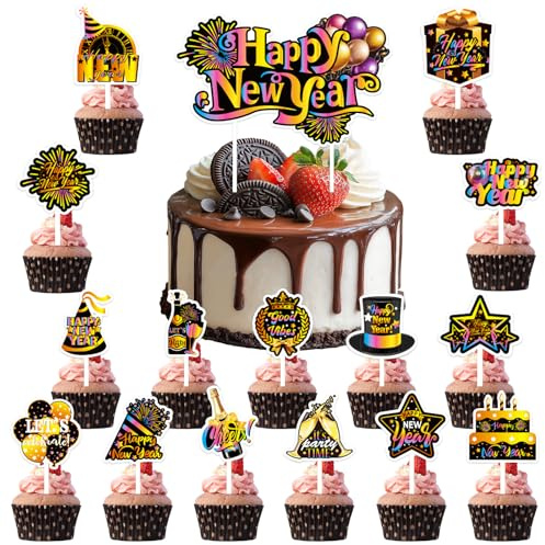 Lets Joy 2026 Happy New Year Tortendeko, 16 Stück Silvester Tortendeko, Neues Jahr Cupcakes Muffin Deko, Geburstagstorte Deko, Kuchendekoration Neujahr Party Zubehör (B)