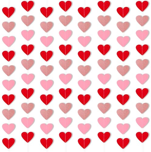 DPKOW Glitzer Valentinstag Deko Herz Girlande Herzen Deko, 100 STK Rote und Rosa Herzgirlande, Herz Papiergirlanden Valentinstag Deckenhänger Banner Herzdeko Galentines Day Hochzeits Dekoration