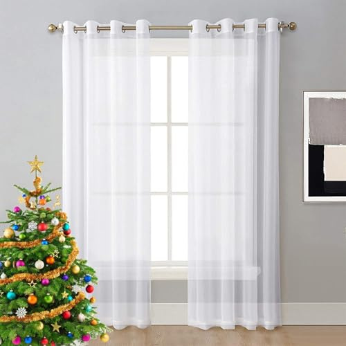 NINGBAI 2Er Set Voile Vorhang Sheer 210 x 70 cm Leinenoptik Gardinen mit Ösen Leinenvorhang Halbtransparent Linen Curtains Wohnzimmer Vorhänge für Kinderzimmer Raumteiler, Weiß