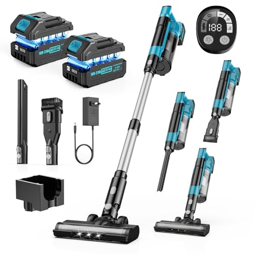 700W Cordless Vacuum Cleaner,60KPa/70 Mins Stick Vacuum with 2×4.0 Ah Removable Batteries, 6-IN-1 Handheld Vacuum Cleaner with Anti-Tangle Brush,LED Display, Powerful Vacuums for Pet Hair/Carpet/Floor