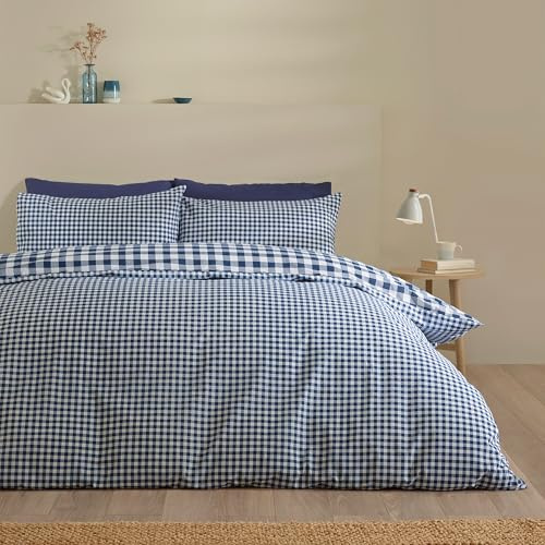 Catherine Lansfield Bamford Parure de lit Double réversible avec Housse de Couette et taies d'oreiller Motif Vichy Bleu Marine