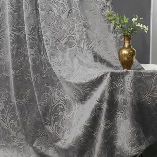 IRONDELIC 2er Set Samtvorhang Kräuselband Blumen Muster H213xB132CM, Grau Luxus Verdunkelung Samt 3-in-1 Aufhängung Thermovorhang Kälteschutz für Wohnzimmer Schlafzimmer, 260gsm Velvet Gardinen