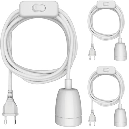 ledscom.de 3x Textilkabel LEHA II, Stecker, Schalter, weiß glänzend, 3 m, Porzellan-Fassung, 1x E27 max. 300W
