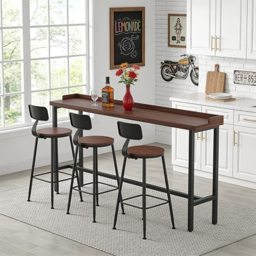 Table de Bar Industrielle en Bois Massif, Table Haute Étroite avec Structure Métal et Pieds Réglables, Table Console Longue pour Cuisine, Salon ou Bar à Domicile (100-240 cm)