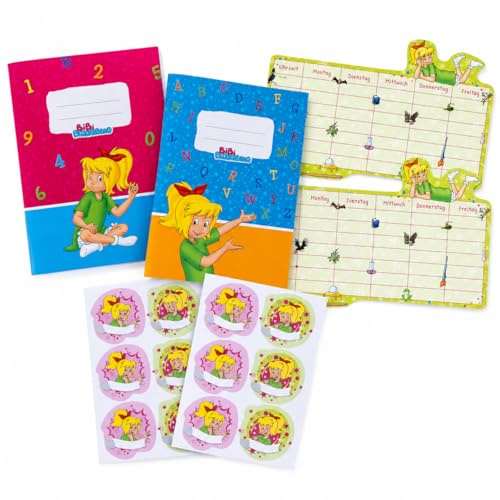 Bibi Blocksberg Schulset Einschulung Mädchen – 8-teilig mit 4x A5 Schulhefte, 2x Stundenpläne, 2x Stickerbögen – Schulanfang Hexe Geschenk Set für Grundschule – Made in Germany