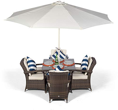 Giardino Arizona Rattan Garden Dining Set 4 Seater Outdoor Square Garden Table & Chairs Patio Furniture with Parasol & Cover, 90 x 90cm, Brown