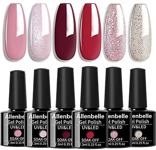 Allenbelle Gel Nail Polish Set-Sliver Red Wind Red Pink Gel Polish Set Soak Off Nail Varnish Salon DIY Nail Art at Home 006