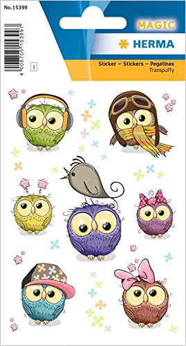 HERMA 15399 Aufkleber Eulen klein groß, 7 Stück, Tiere Sticker mit lustigen Eule Vogel Motiv, Kinder Etiketten für Fotoalbum Tagebuch Poesiealbum Scrapbooking Geburtstag Dekoration Briefe DIY Basteln