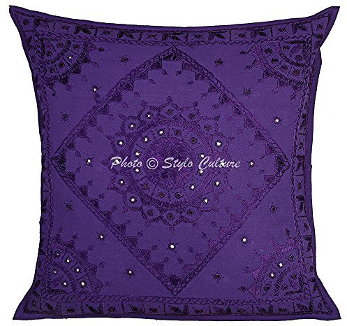 Stylo Culture Ethnico Fundas Almohadones Decorativa 60x60 cm Algodón Espejado Fundas De Cojines Cama Morado 24x24 Inch Bordado Cuadrado sobre Fundas para Los Cojines del Sofa - 1 Pc