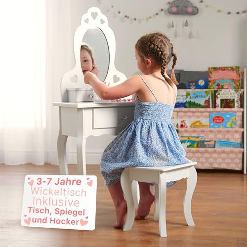 Runesol Weiß Schminktisch mit Spiegel und Hocker für Kinder (3-7 Jahre), Hocker Schminktisch Mädchen, Kindertisch Schminktische, Frisierkommode Holz mit 3 Fächern, Kristallknöpfen