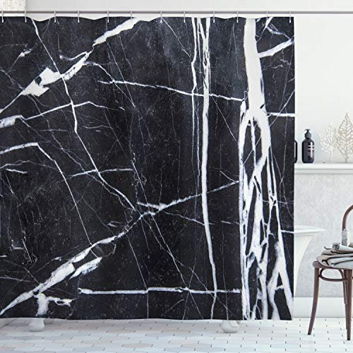 ABAKUHAUS Marmor Duschvorhang, Grunge Naturstein, Stoffliches Gewebe Badezimmerdekorationsset mit Haken, 175 x 220 cm, Weiß Grau