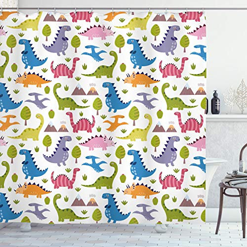 ABAKUHAUS Dino Duschvorhang, Dinosaurier Bunte, Stoffliches Gewebe Badezimmerdekorationsset mit Haken, 175 x 200 cm, Grün Blau Rosa