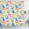 ABAKUHAUS Dino Duschvorhang, Dinosaurier Bunte, Stoffliches Gewebe Badezimmerdekorationsset mit Haken, 175 x 200 cm, Grün Blau Rosa