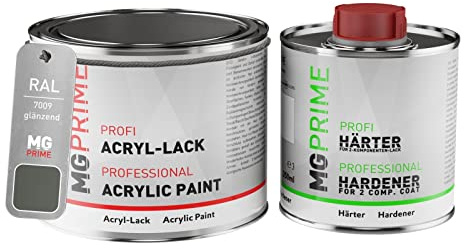 RAL 7009 Gris vert/Green grey Peinture acrylique brillante Pot de 0,75 litre / 750 ml, y compris le durcisseur