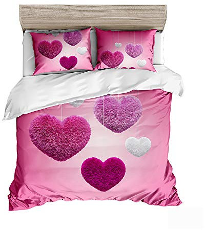 FANSU Set di Biancheria da Letto di 3DVacanza Stampa Digitale, 3 Pezzi in Microfibra con Chiusura e Federa a Cerniera Set Copripiumino Matrimoniale (220x240cm,Cuore Rosa)