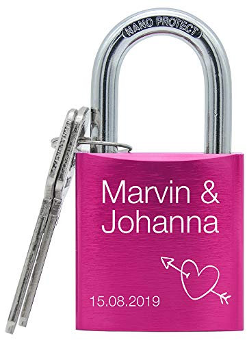 Liebesschloss mit Gravur und 2 Schlüsseln - großes massives Schloss mit Motiv (Pink)
