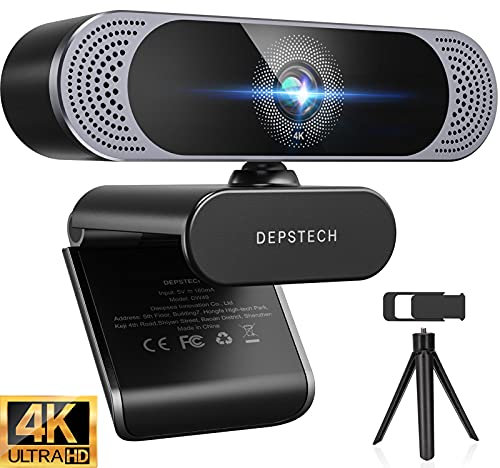 DEPSTECH 4K Webcam, Webcam mit Mikrofon Autofokus Webkamera mit Objektivdeckel und Stativ, Stereo Dual Mikrofon, USB Plug & Play, 30fps PC Kamera für Skype, Videochat, Zoom, Streaming und Aufnahme