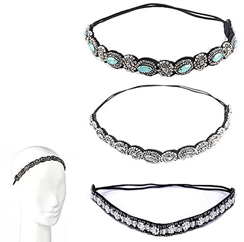Strass Haarbänder, 3 Stück Kristall Strass Kopfkette, Elastisches Haarband, Vintage Elastisches Haarband, Böhmen Kristall Haarreife, Geeignet für Haarschmuck für Damen und Mädchen