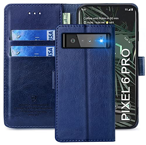 FMPCUON Case For Google Pixel 6 Pro,High-grade Leather Flip Wallet Phone Case Cover for Google Pixel 6 Pro Inches [Card Slots] [Kickstand] [Magnetic Closure]-(Blue)