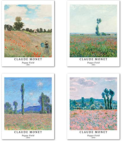 Berkin Arts Kunstdruck Ungerahmt Landschaft Bilder Set von 4, Poster Größe: 20x25 cm Premium Kunstpapier Wanddeko Moderne Natur Blumen Baum Wald Fotoalbum Passenden Home Deko Claude Monet Paintings