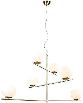 Große 6-flammige Pendelleuchte in Messing mit Glaskugeln Weiß, Breite 115cm